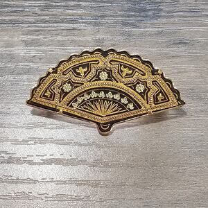 Vintage Damascene Scalloped Fan Brooch Gold & Black with Trombone Closure